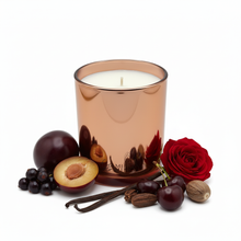 Charger l'image dans la galerie, Copper-toned candle jar with minimal prune, cassis, black cherry, nutmeg, vanilla, tonka bean, and rose