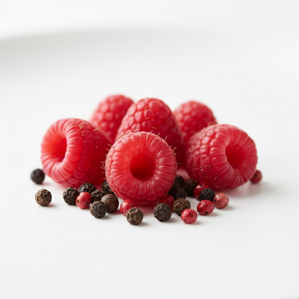Beautiful raspberries and peppercorns on white background
