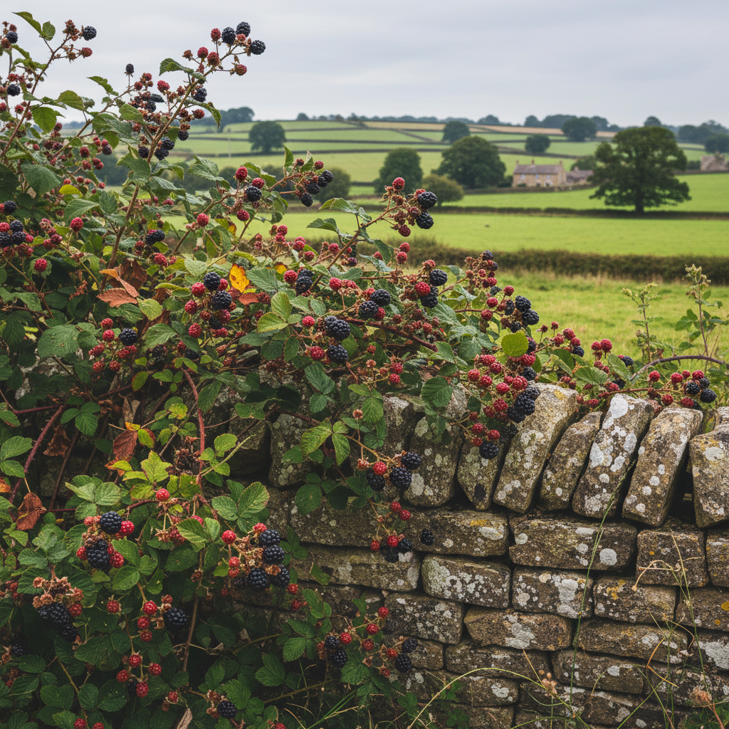 Blackberry grove with stone wall
