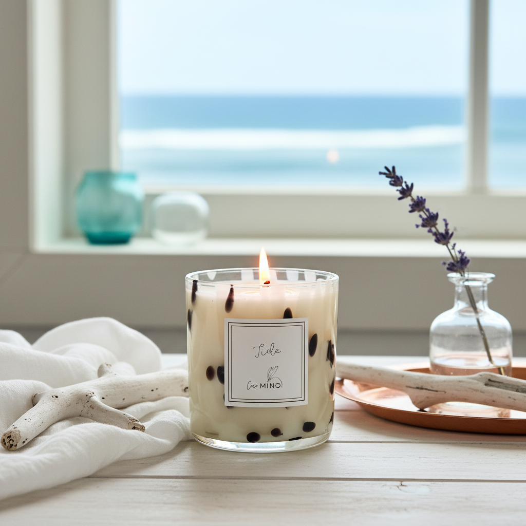Bright coastal lifestyle with lit candle
