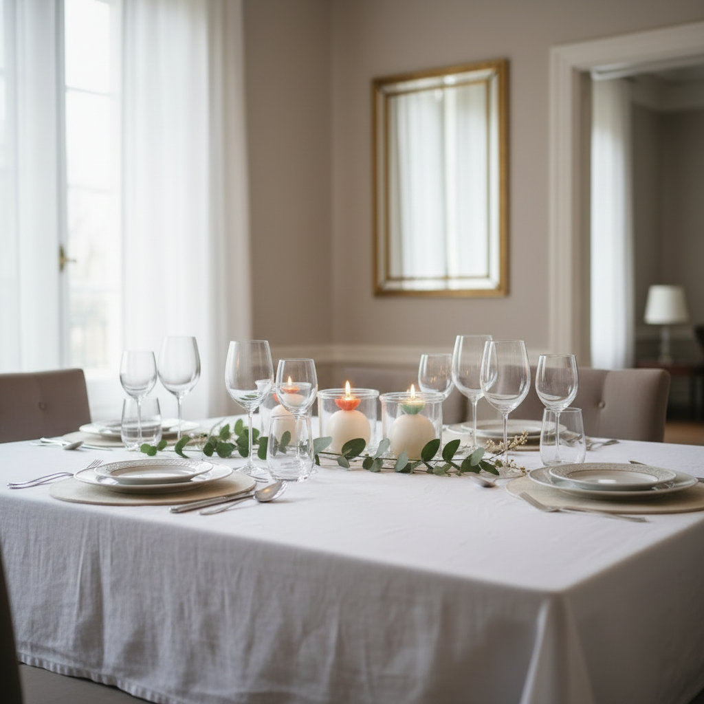 Bright elegant dinner table with ANEMONE candles - square