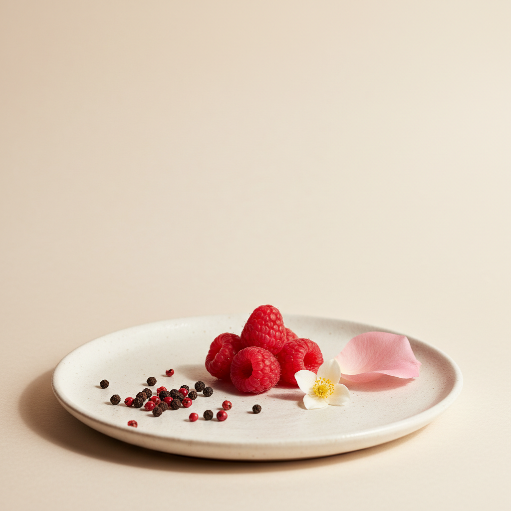 CAMILLE minimalist atmospheric scene with raspberries and peppers