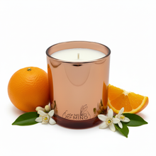 Load image into Gallery viewer, Copper-toned candle jar with minimalist orange ingredients on pure white background
