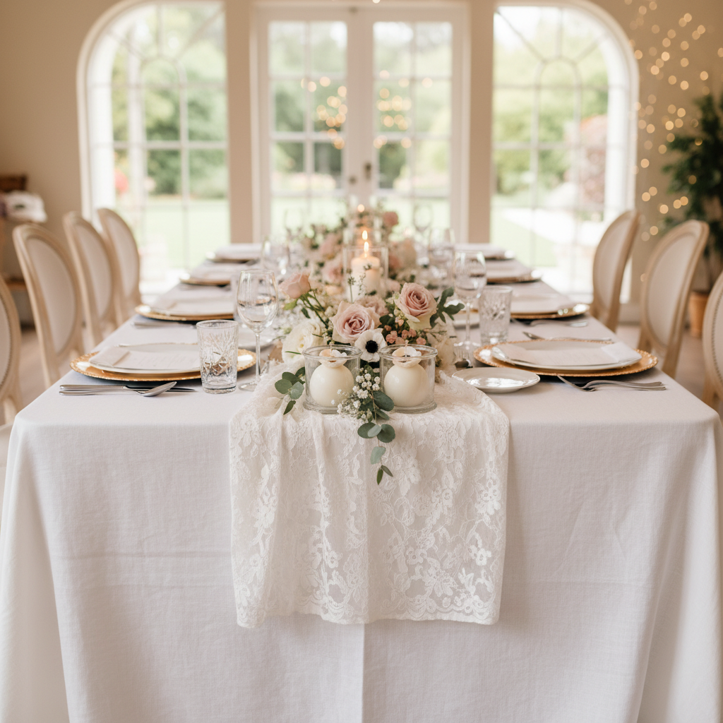 Elegant wedding table with white ANEMONE candles - square