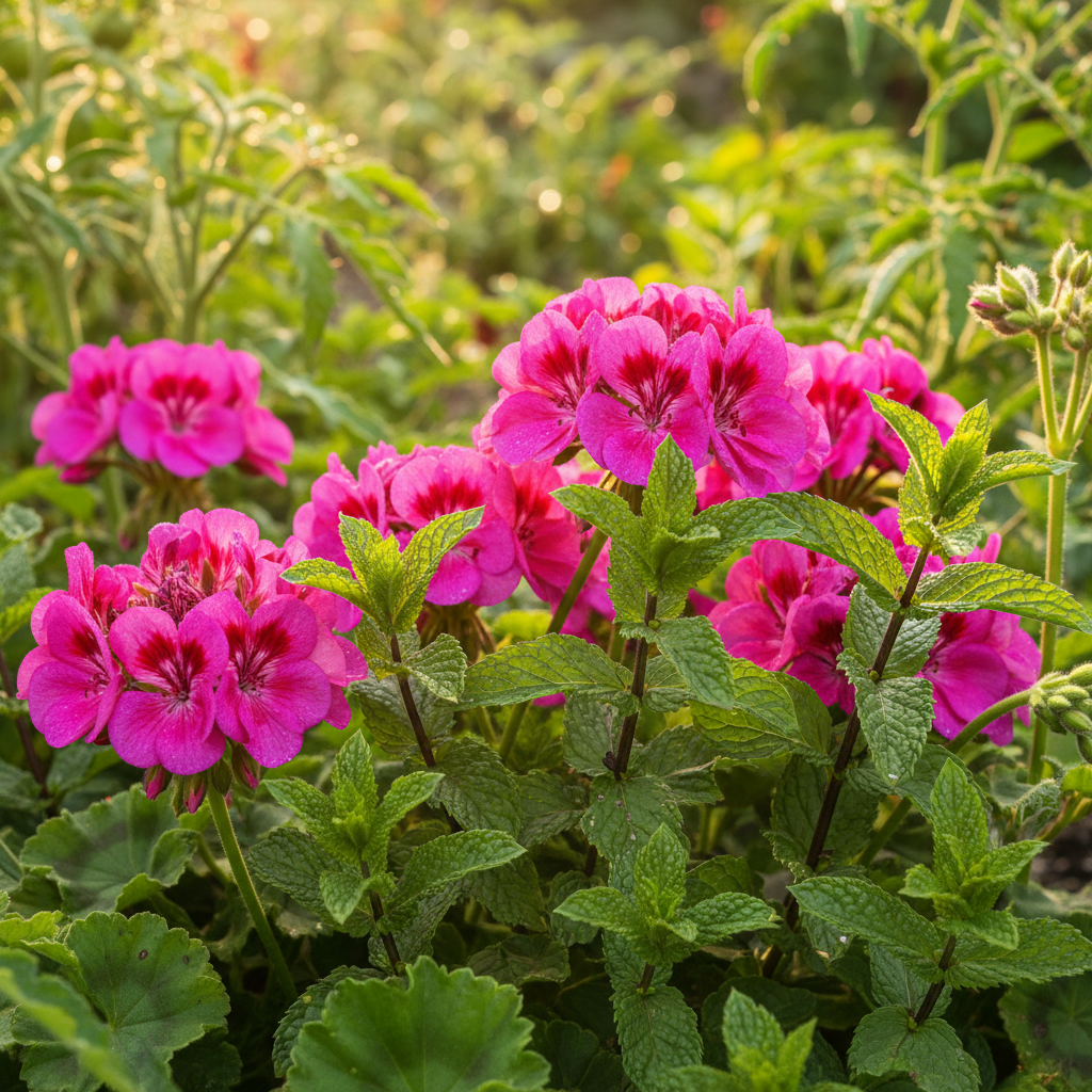 Geranium and Peppermint in Veggie Garden
