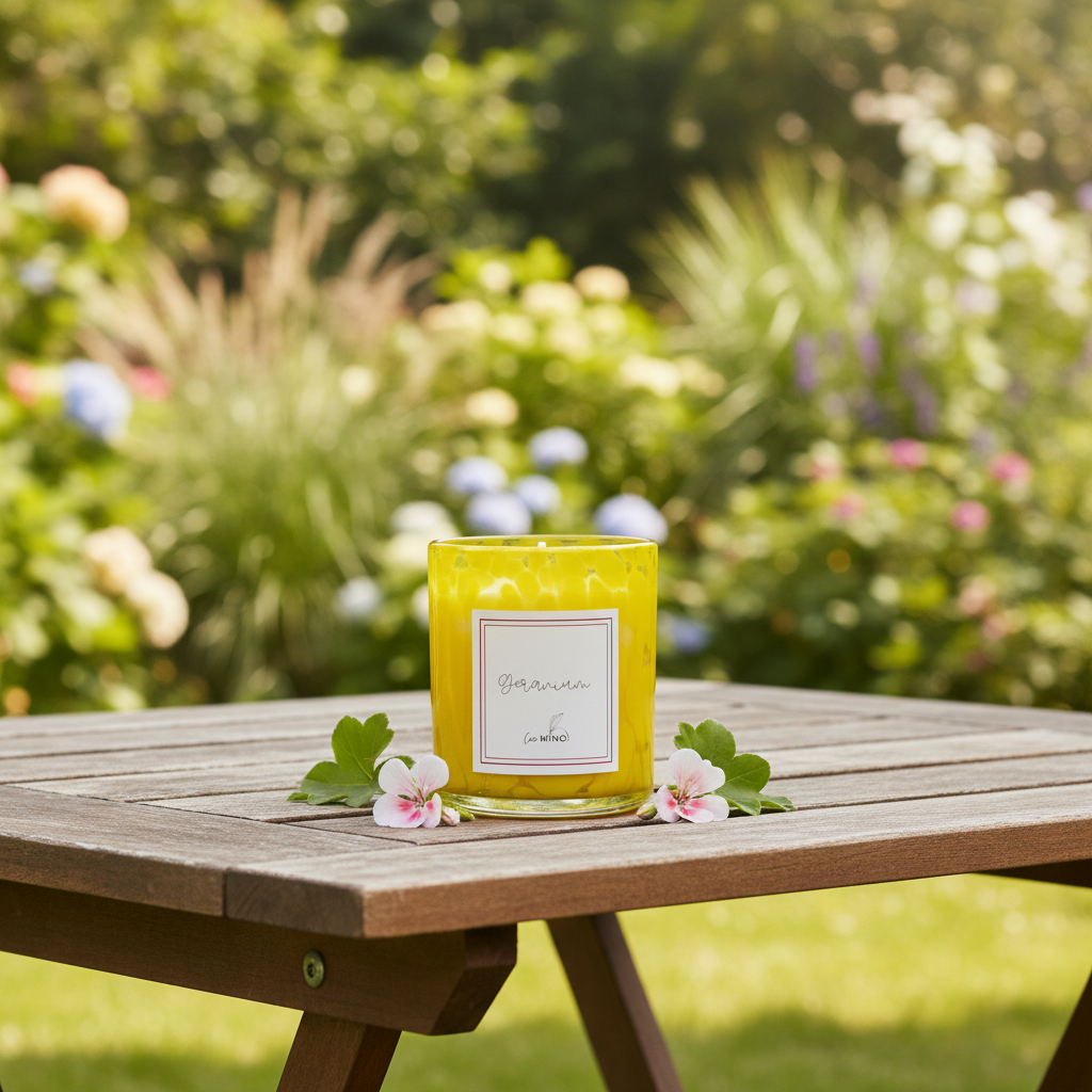 Geranium Candle on Garden Table
