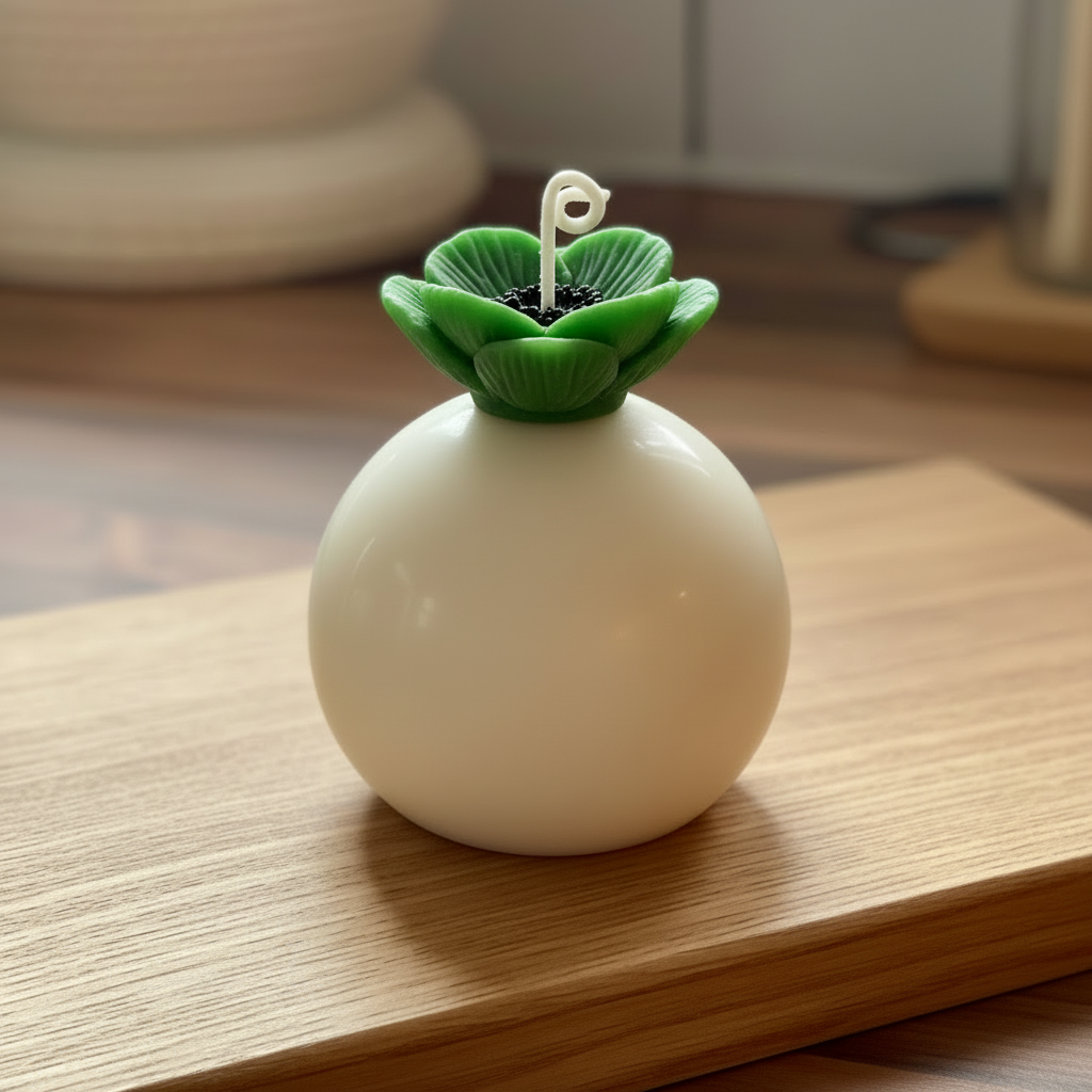 Green sphere candle on wood