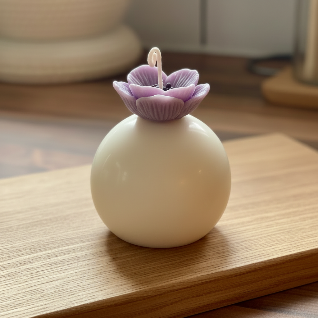 Lavender sphere candle on wood