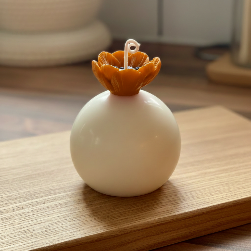 Orange/amber sphere candle on wood