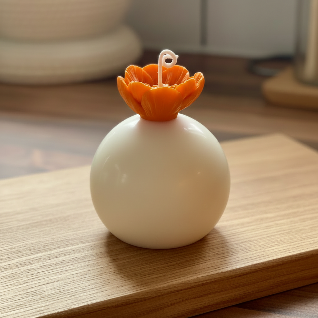 Orange sphere candle on wood