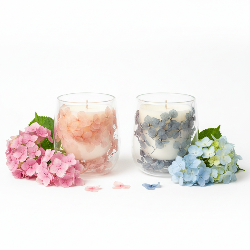 Pink and Blue Hydrangea candles with hydrangea flowers