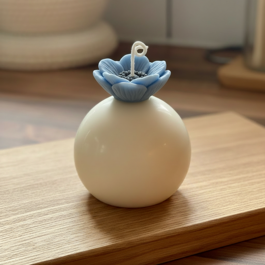 Soft blue sphere candle on wood - exact color