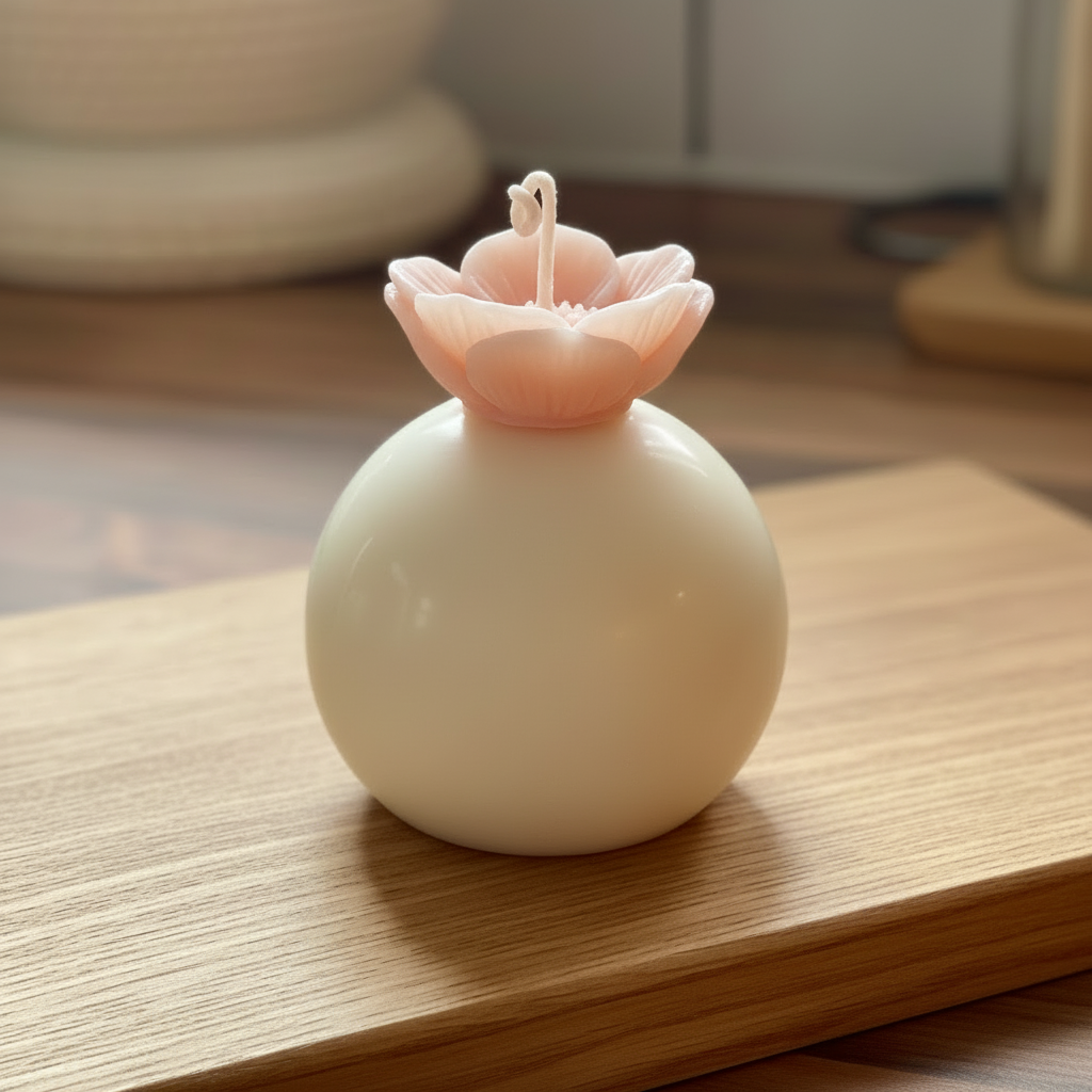 Soft pink sphere candle on wood