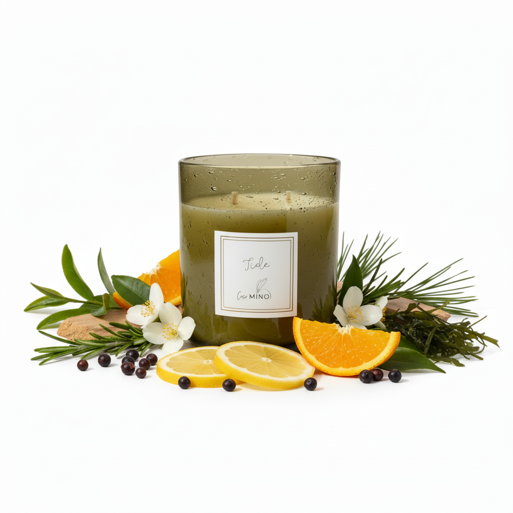 TIDE candle with ingredients including seaweed