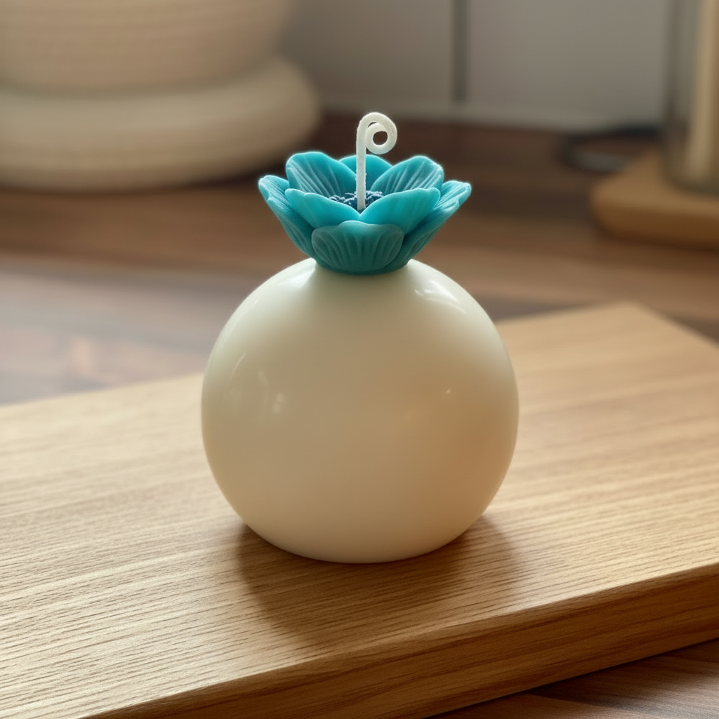 Turquoise sphere candle on wood