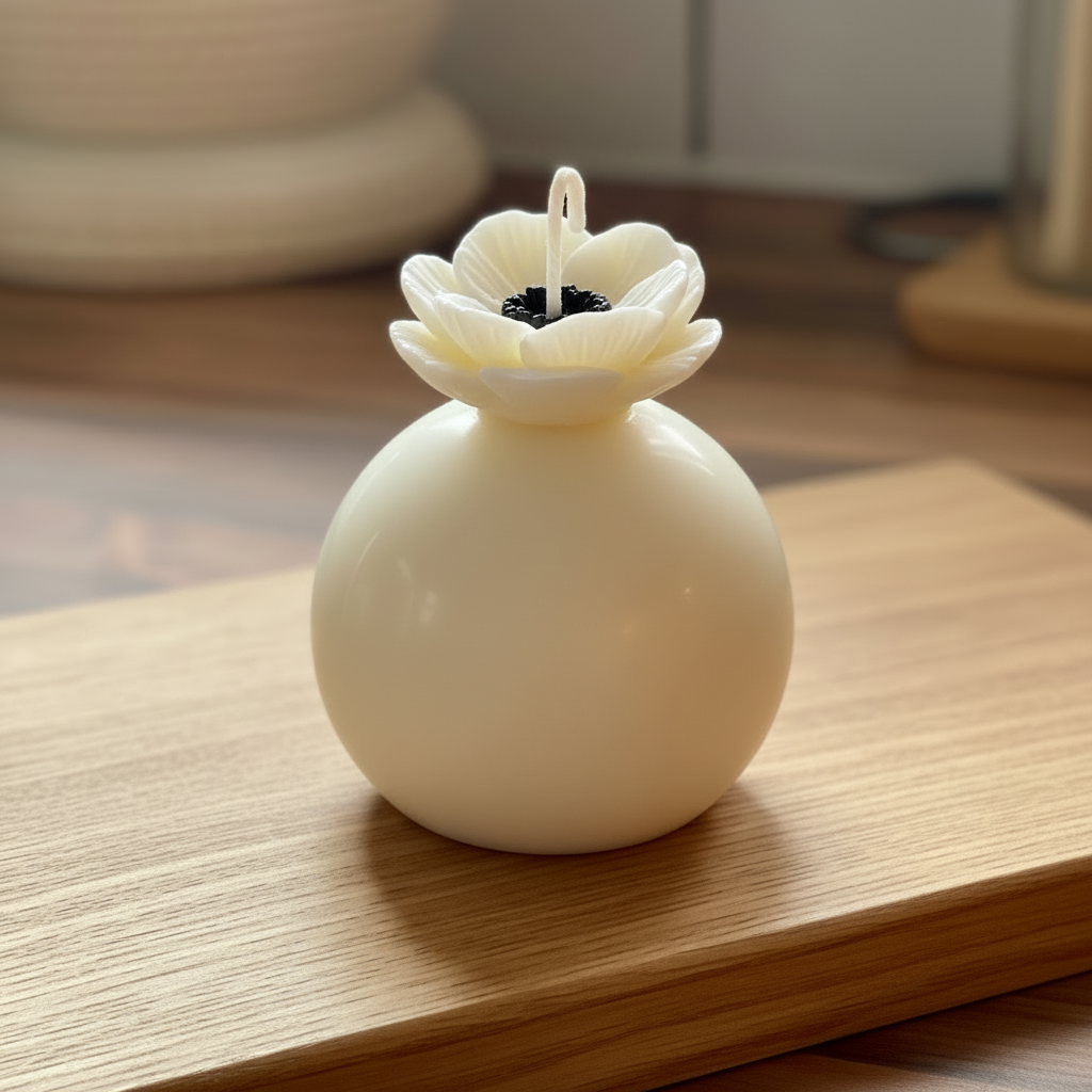 White sphere candle on wood