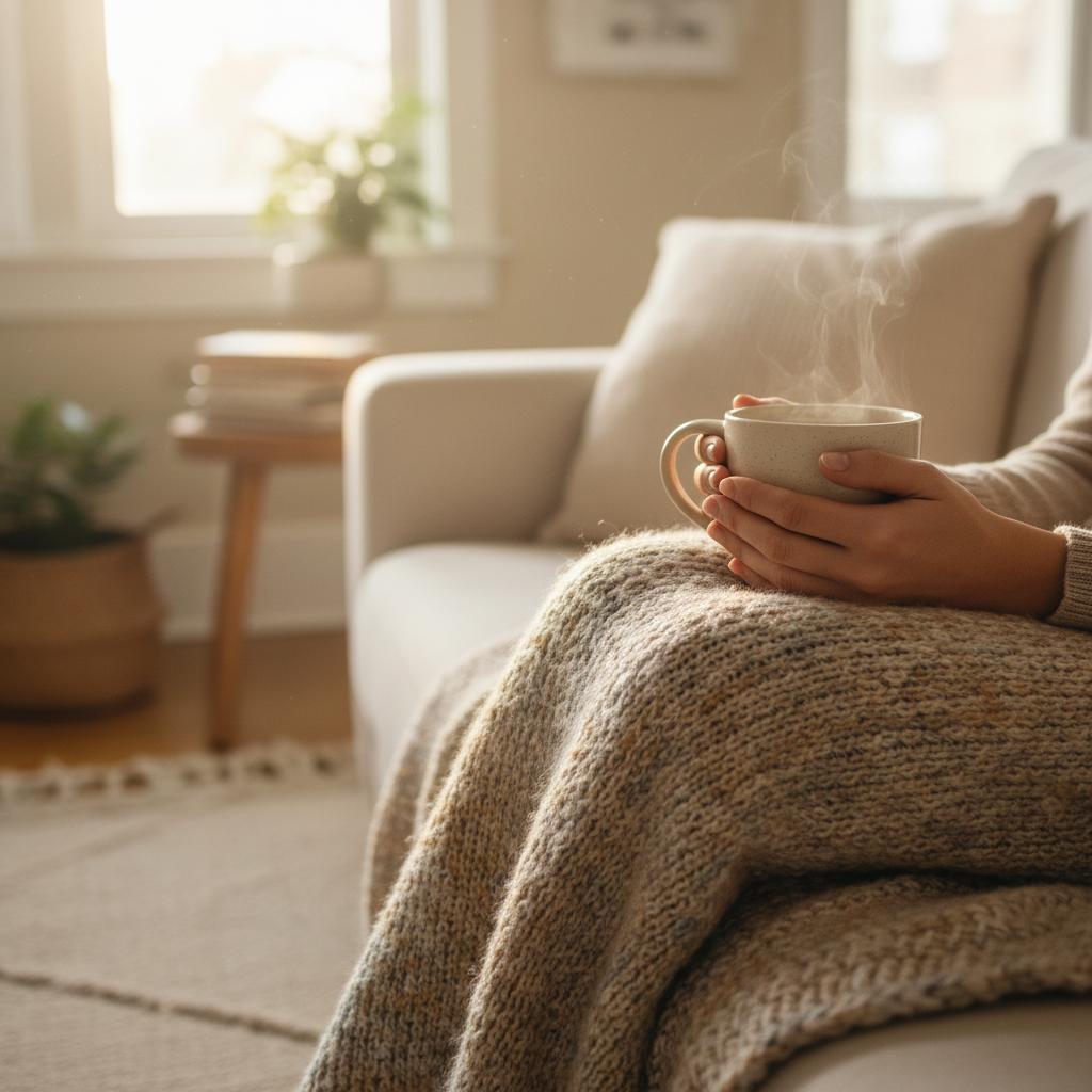 Woman with Tea on Sofa