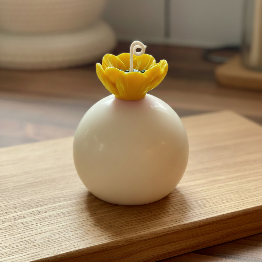 Yellow sphere candle on wood - exact color
